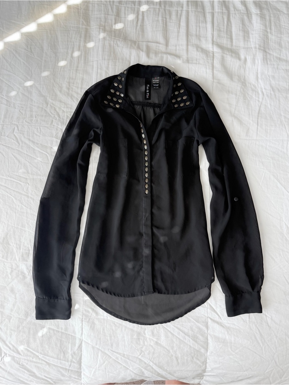 Fun & Flirt Sheer Black Skull Studded Button-Up Blouse